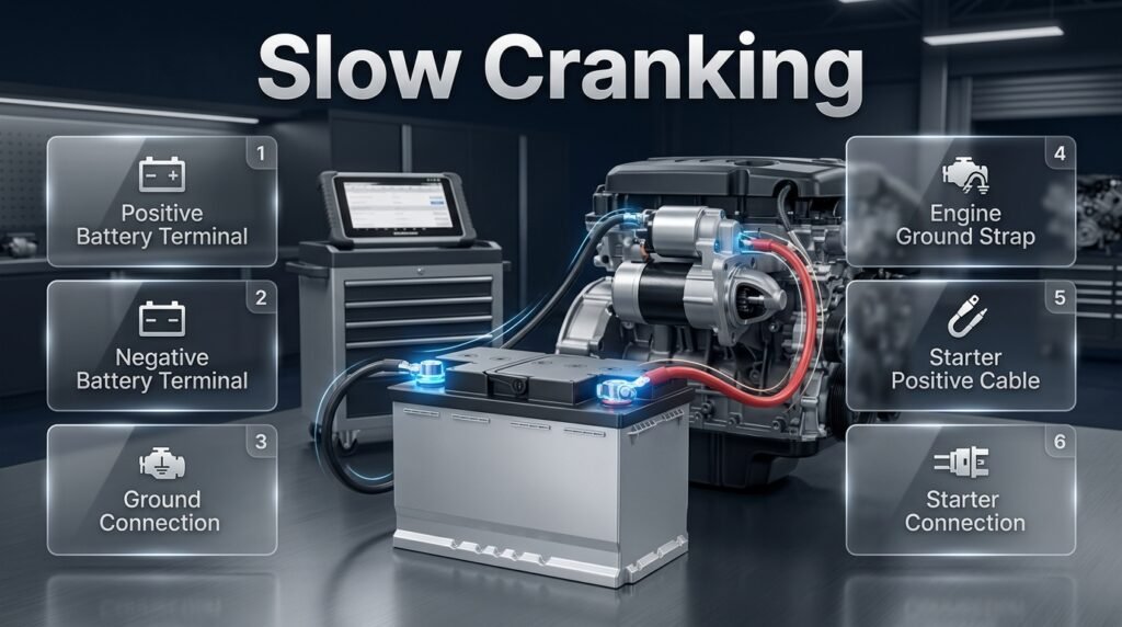 Slow cranking infographic showing battery terminals, cables, grounding, starter connections, and electrical resistance during engine starting
