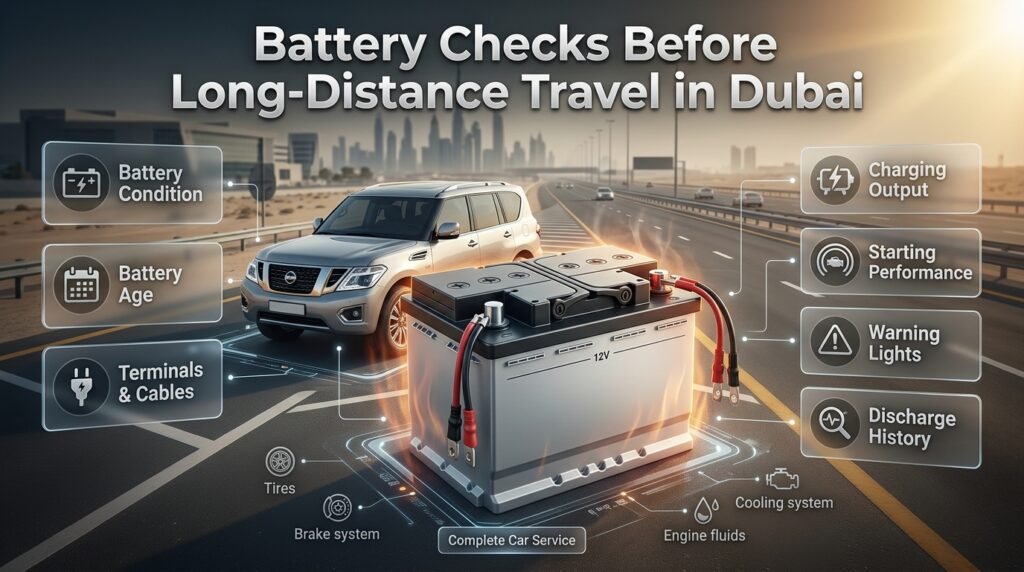 Car battery inspection before long-distance travel in Dubai showing battery condition, terminals, charging system, tires, brakes, and fluids