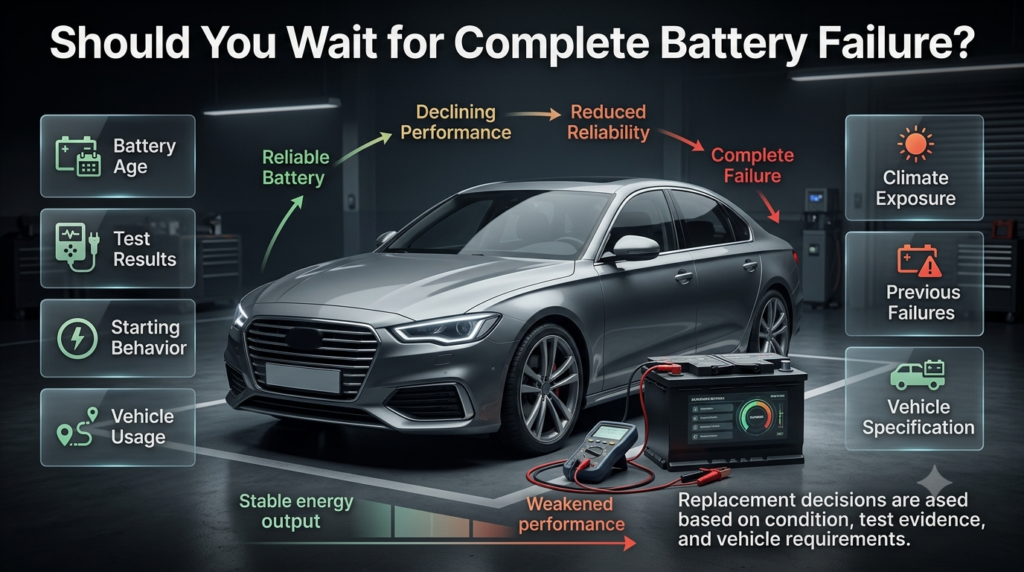 Battery replacement decisions should consider age, test results, starting behavior, vehicle usage, climate, failures, and specifications.
