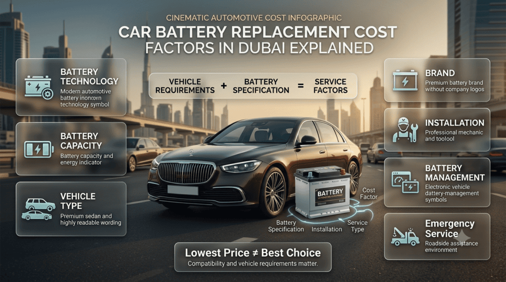 Car battery replacement cost in Dubai influenced by battery technology, capacity, vehicle type, brand, installation, and service.