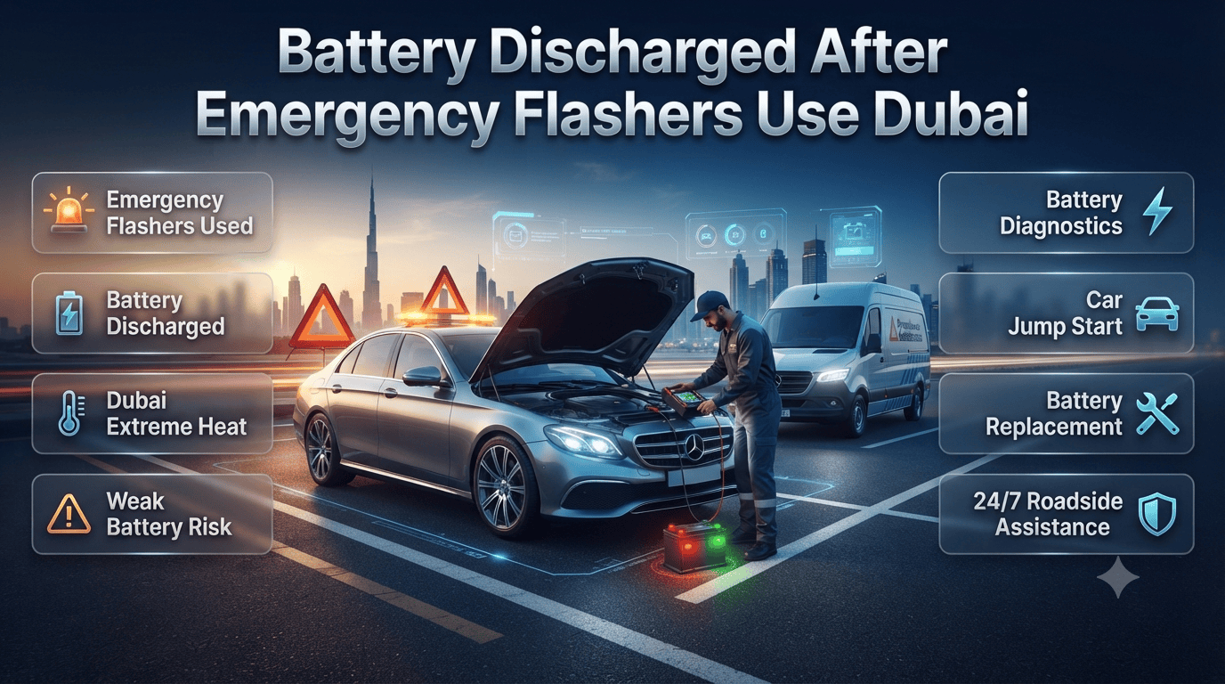 Professional roadside technician assisting a vehicle with a discharged battery after emergency flashers use in Dubai, highlighting battery diagnostics, jump start service, and mobile battery replacement. Battery Discharged After Emergency Flashers Use Dubai Guide