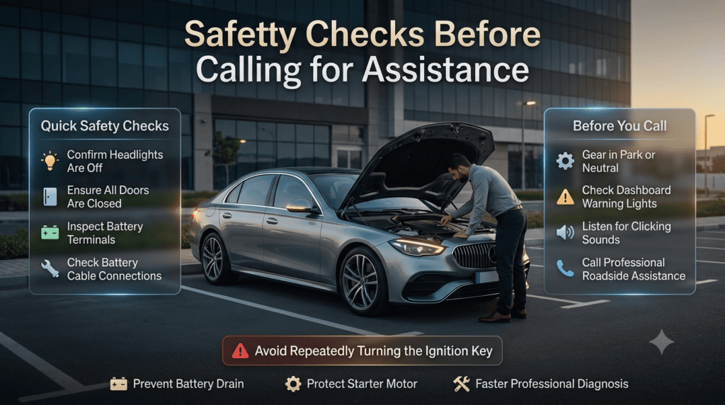 Automotive safety infographic showing essential checks before requesting roadside assistance for a dead car battery, including headlights, battery terminals, cables, dashboard lights, and gear position.