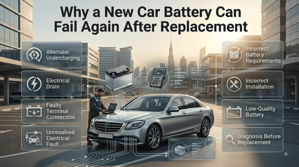 New car battery can fail again because of alternator issues, electrical drain, faulty terminals, incorrect specifications, or installation.