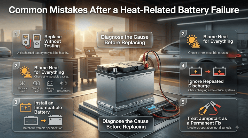 Common battery failure mistakes including skipping testing, blaming heat, using incompatible batteries, ignoring discharge, and relying on jumpstarts.