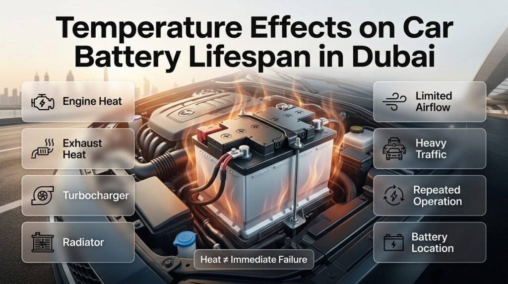 Dubai heat affecting car battery lifespan through under-hood temperature, engine heat, airflow, and battery deterioration factors.