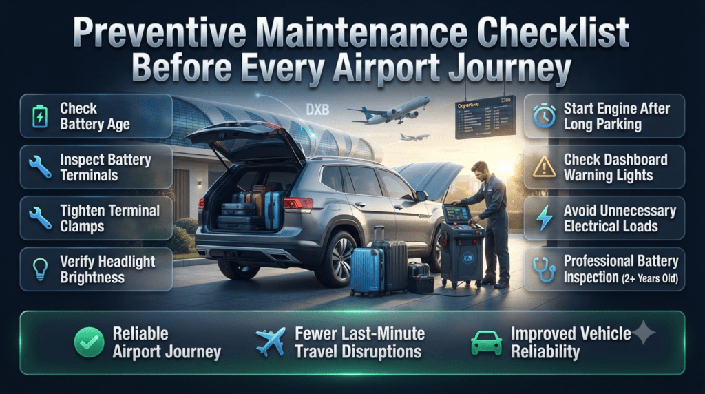Infographic featuring a pre-airport journey battery maintenance checklist, including battery age, terminal inspection, dashboard warning lights, headlights, and professional battery inspection.