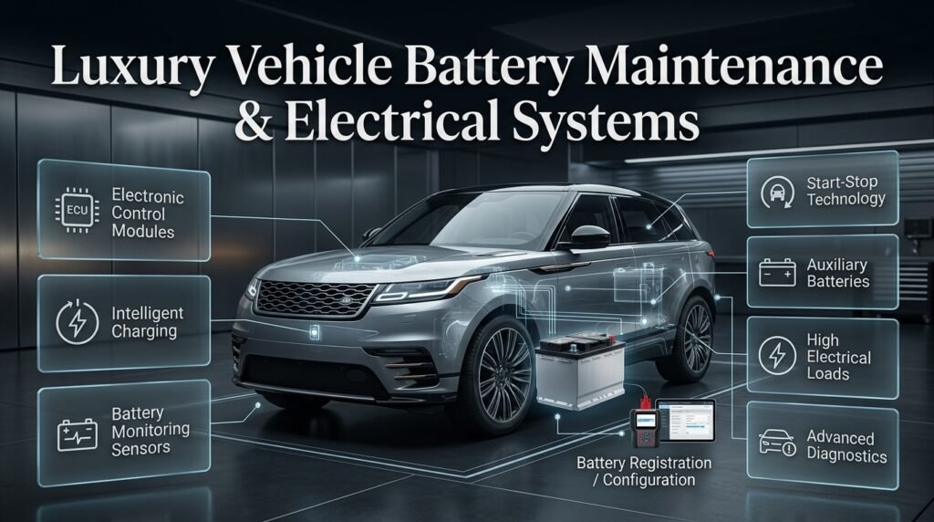 Luxury vehicle battery maintenance showing advanced electrical systems, battery sensors, charging technology, and electronic configuration.