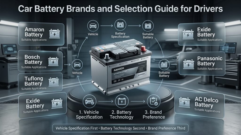 Car battery brands comparison showing Amaron, Bosch, Tuflong, Exide, Panasonic, FIAMM and AC Delco selection factors