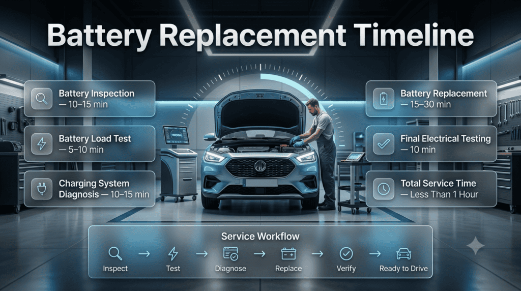 Professional technician replacing a car battery with a service timeline showing inspection, testing, diagnosis, replacement, and final electrical checks.