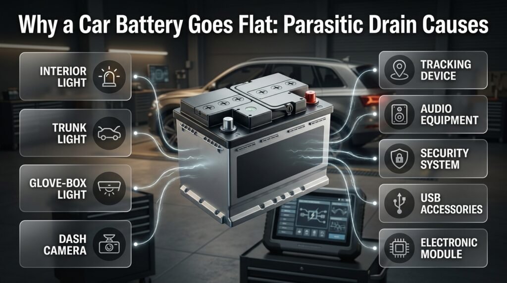 Automotive infographic showing why a car battery goes flat from parasitic drain, including lights, dash cameras, electronics and faulty modules.