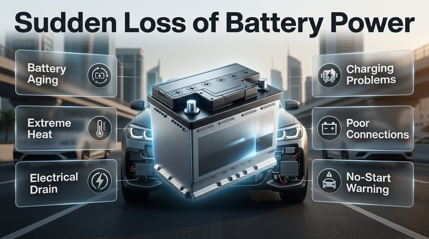 Sudden loss of battery power in a car showing weak starting, electrical drain, heat, and charging system warning signs Sudden Loss of Battery Power: Causes & Warning Signs