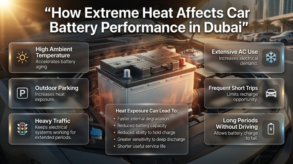 Infographic showing how Dubai heat, outdoor parking, traffic, AC use, and short trips can affect car battery performance and lifespan.