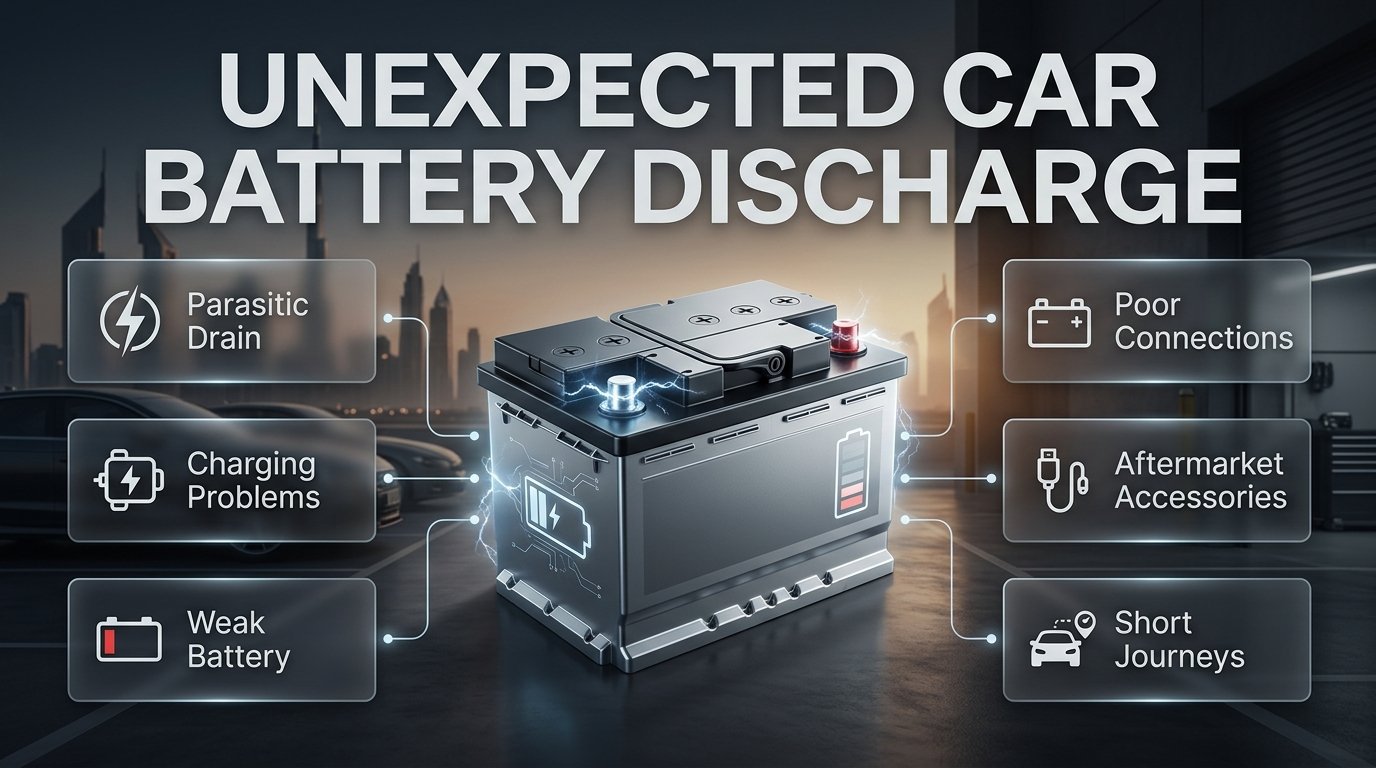 Unexpected car battery discharge showing a drained battery, electrical drain, charging issues, and warning signs in Dubai Unexpected Car Battery Discharge Causes & Warning Signs