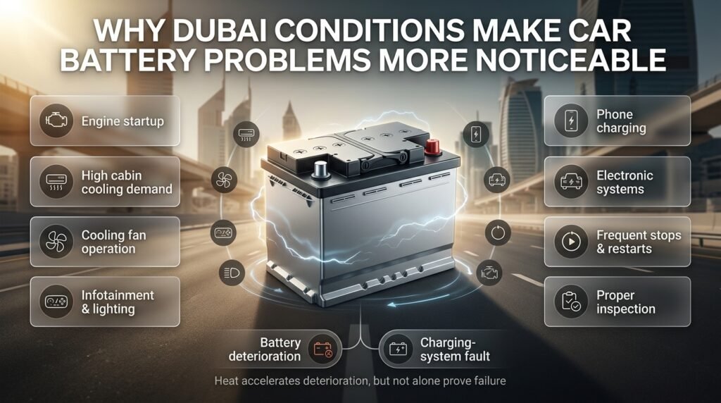 Dubai heat, air conditioning, electrical loads and frequent restarts can make existing car battery problems more noticeable