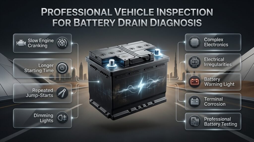 Professional vehicle inspection checking battery drain, electrical systems, charging performance, accessories, and complex car electronics.
