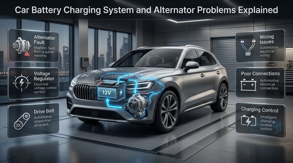 Car battery charging system with alternator fault, voltage regulator and wiring problems causing battery discharge