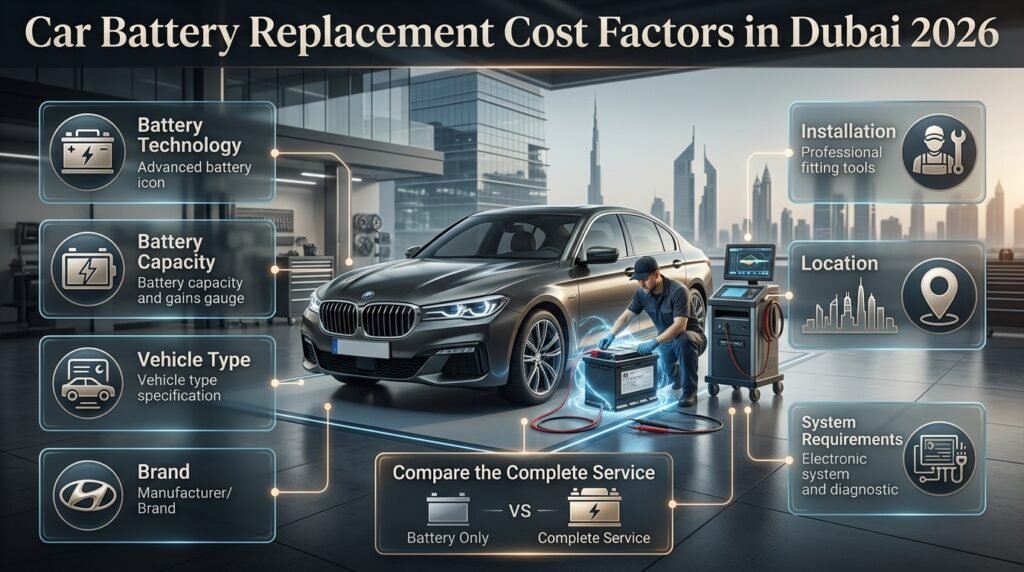 Car battery replacement cost factors in Dubai, including battery technology, capacity, vehicle type, brand, installation, and location.