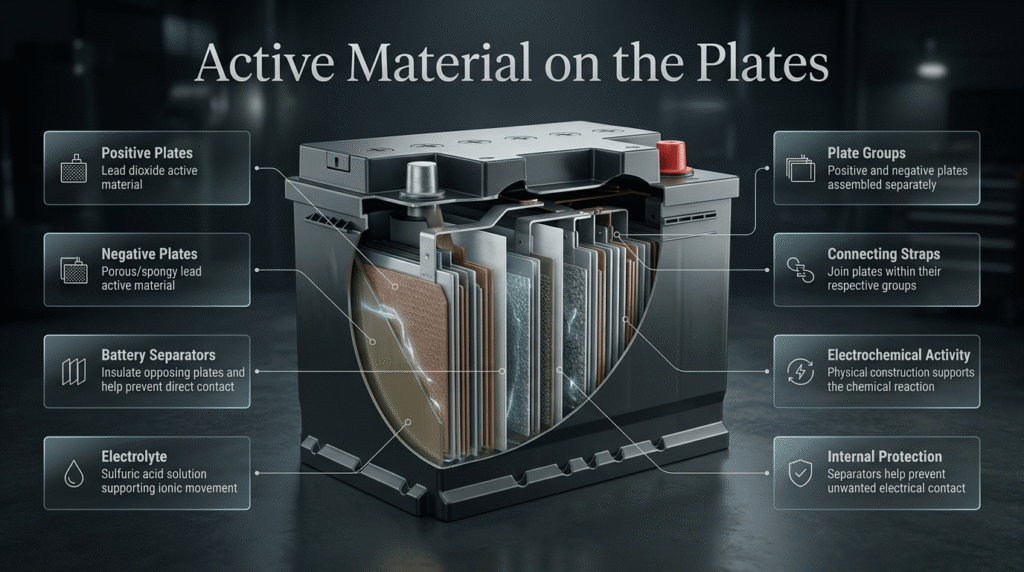 Exact title at the top: “Active Material on the Plates”Design a production-quality 16:9 premium automotive technical infographic explaining active materials, separators, electrolyte, and plate groups inside a conventional lead acid battery.CENTRAL HERO OBJECTPlace one large, highly realistic cutaway conventional lead acid automotive battery in the center. Show the outer case partially opened/cut away so the internal construction is clearly visible.The internal structure should prominently display:Positive plate group with lead dioxide active material
Negative plate group with porous/spongy lead active material
Thin separators positioned between opposing plates
Electrolyte surrounding the internal plate structure
Plate straps connecting groups
Internal electrical connections
Individual plate layers assembled into a complete cell element
Durable battery case surrounding the internal assemblyUse realistic industrial materials, subtle metallic textures, controlled transparency where appropriate, accurate engineering proportions, and a sophisticated cutaway presentation.LEFT GLASS CALLOUT PANELSUse elegant futuristic glass panels with premium technical icons:Positive Plates
Lead dioxide active materialNegative Plates
Porous/spongy lead active materialBattery Separators
Insulate opposing plates and help prevent direct contactElectrolyte
Sulfuric acid solution supporting ionic movementRIGHT GLASS CALLOUT PANELSUse matching premium glass panels:Plate Groups
Positive and negative plates assembled separatelyConnecting Straps
Join plates within their respective groupsElectrochemical Activity
Physical construction supports the chemical reactionInternal Protection
Separators help prevent unwanted electrical contactVISUAL STORYMake the infographic visually communicate that battery construction and battery chemistry are closely connected. Show subtle visual cues around the plates and electrolyte suggesting electrochemical interaction, but do not depict unsupported chemical formulas or invented technical specifications.Include a refined visual distinction between the positive and negative plate structures without making the image look overly colorful or cartoon-like.BACKGROUNDCreate a cinematic premium automotive environment inspired by a professional battery/vehicle service setting. Keep the background dark, sophisticated, slightly defocused, and secondary to the central battery. Add subtle workshop lighting, controlled reflections, realistic depth, soft atmospheric highlights, and an engineering-focused atmosphere.DESIGN STYLEPremium automotive magazine infographic + cinematic technical illustration + realistic engineering cutaway + luxury Adobe Photoshop presentation.Use:Huge premium typography for the exact title
Clean hierarchy
Futuristic glass information panels
Professional technical icons beside every callout
Thin elegant connector lines from panels toward relevant battery components
Realistic reflections
HDR-quality lighting
Precise shadows
Strong depth
Photorealistic materials
Balanced negative space
High-end commercial composition
IMPORTANT RESTRICTIONSDo not add logos, brands, watermarks, people, unrelated components, invented specifications, chemical formulas not mentioned in the source, or extra title variations. Keep all callout wording concise and readable. The exact title must remain “Active Material on the Plates” and must not be changed.