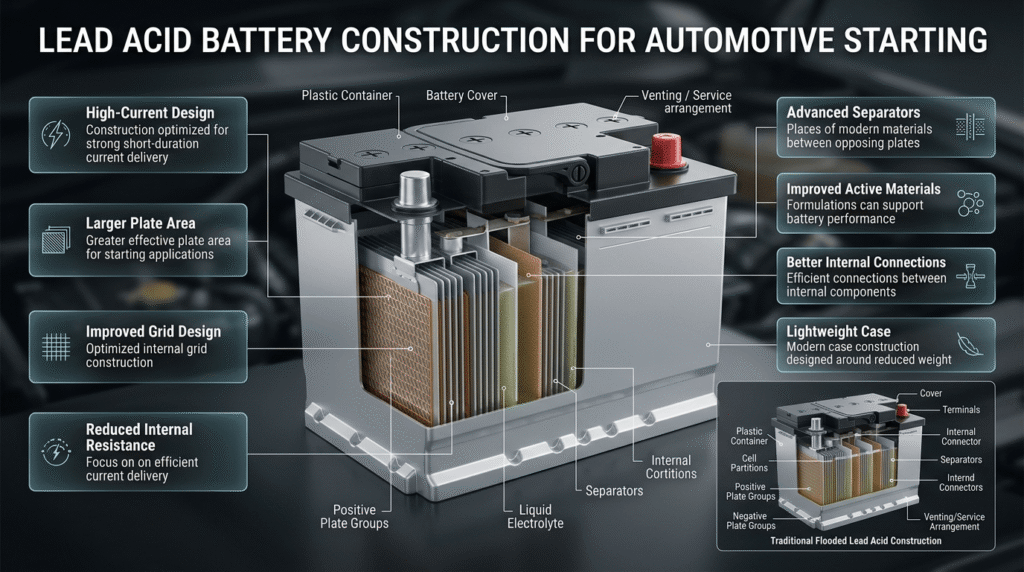 Automotive starting battery cutaway showing plates, separators, electrolyte, internal connections, terminals, and lightweight case design