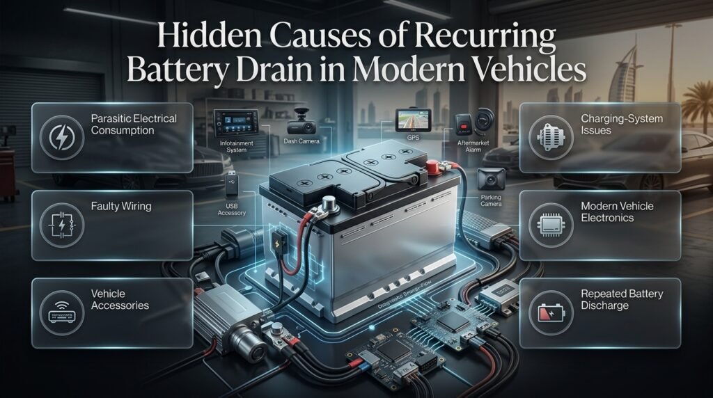 Automotive infographic showing hidden causes of recurring battery drain, including electrical faults, accessories, wiring, and charging issues