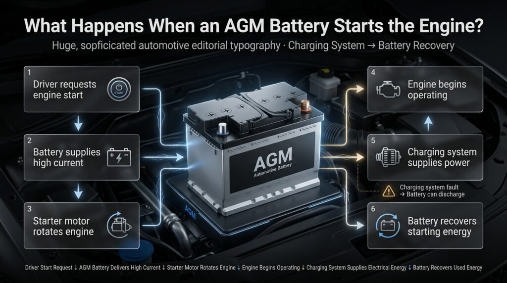 AGM battery starting a modern vehicle engine, showing current flow, starter motor operation, and battery energy recovery