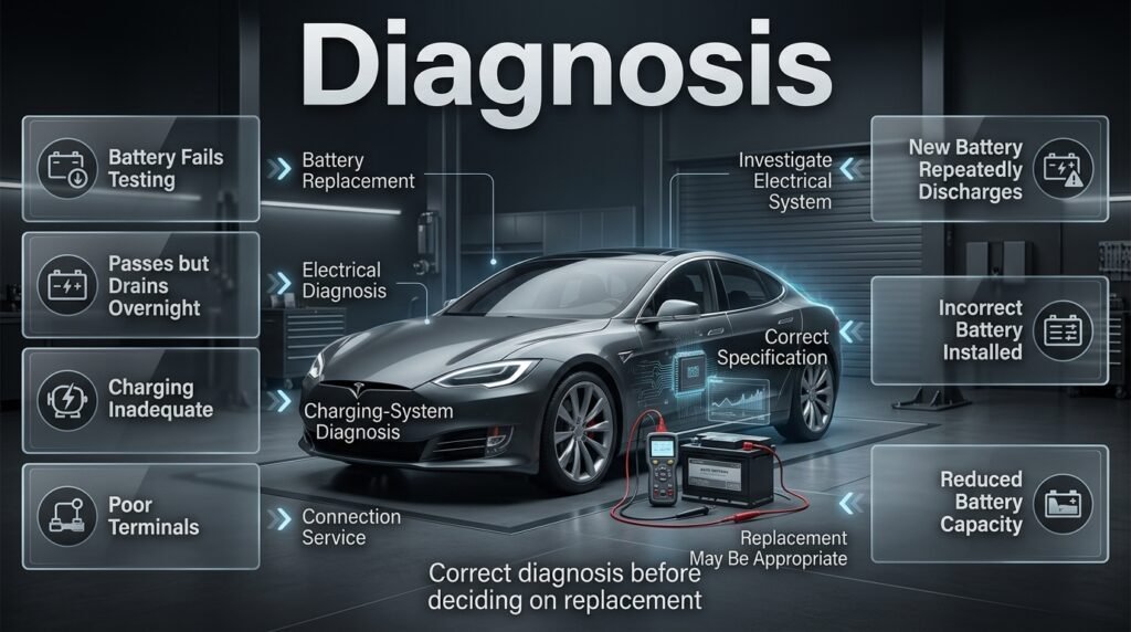 Car battery diagnosis guide comparing replacement, electrical diagnosis, charging issues, terminal service, and battery capacity problems.