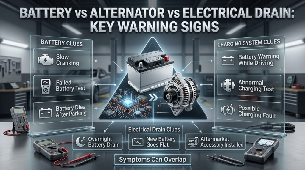 Car battery, alternator and electrical drain comparison showing slow cranking, overnight discharge, warning lights and test results