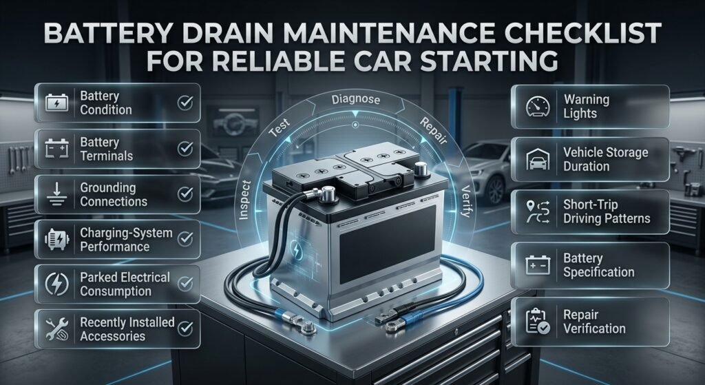 Car battery maintenance checklist covering terminals, grounding, charging system, electrical drain, accessories, and driving patterns