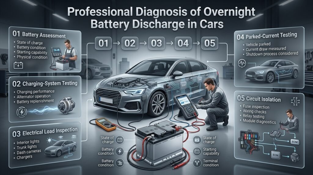 Professional diagnosis of overnight battery discharge showing battery testing, charging checks, current draw testing and circuit isolation.
