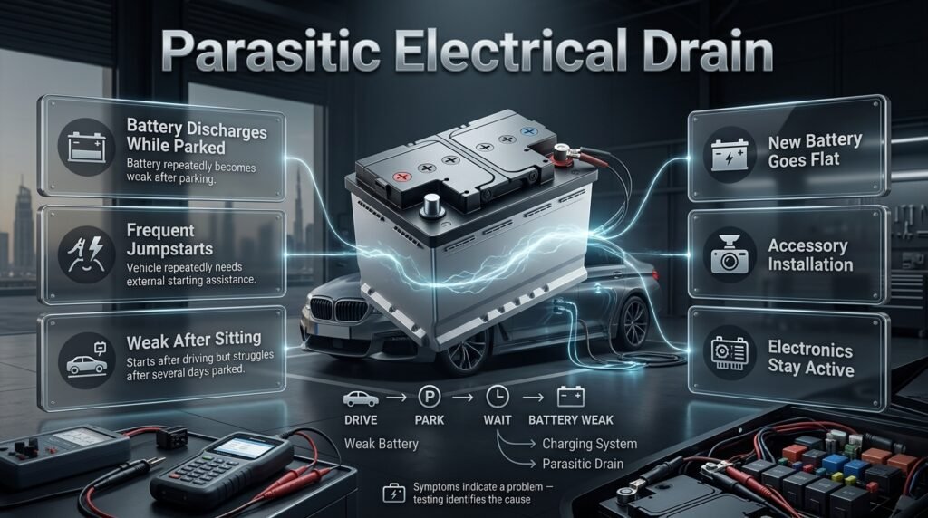 Parasitic electrical drain causing a car battery to weaken while parked, with warning signs and professional diagnosis