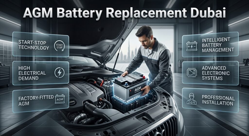 AGM battery replacement service in Dubai for start-stop vehicles with high electrical demand and intelligent battery management