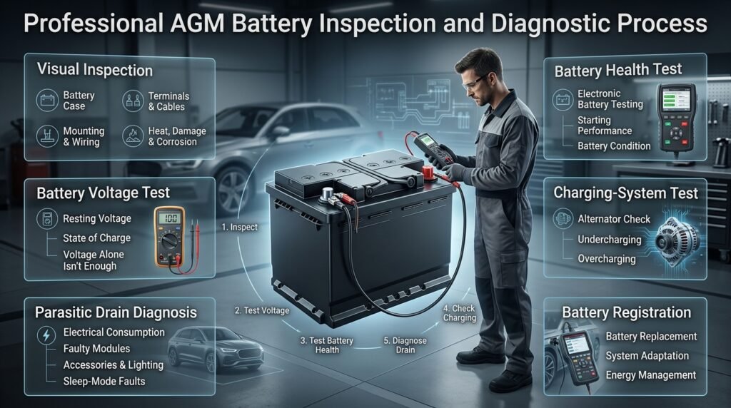 AGM battery inspection process showing voltage testing, health diagnosis, charging system checks, and battery registration