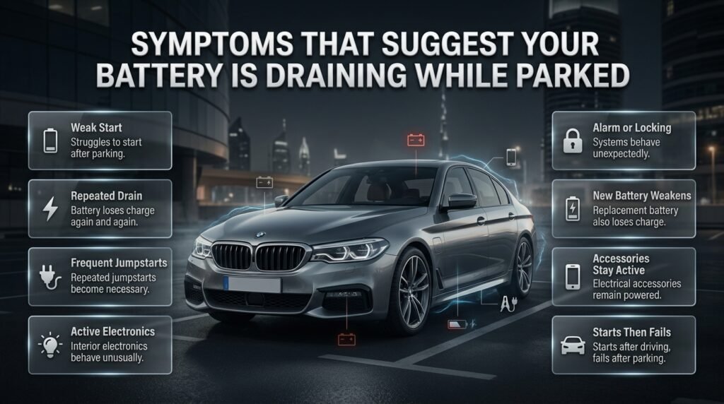 Battery drain symptoms while parked showing weak starts, repeated jumpstarts, active electronics, and warning signs