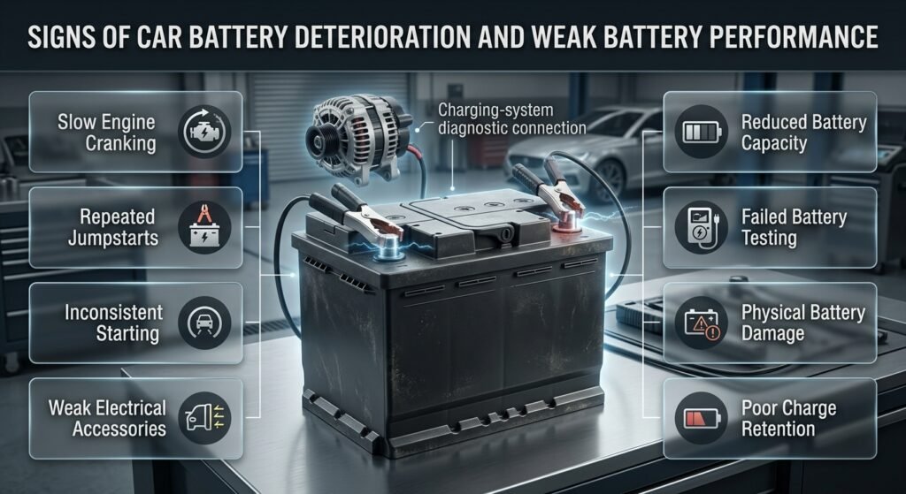 Car battery deterioration signs including slow cranking, repeated jumpstarts, weak electrical power and reduced battery capacity