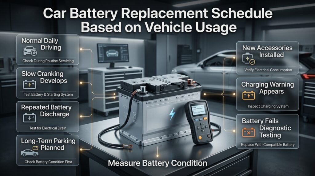 Car battery replacement schedule based on driving habits, discharge problems, parking, accessories, and diagnostic test results