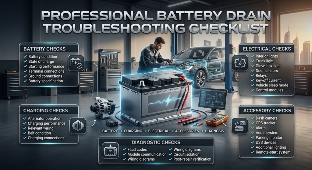 Professional battery drain troubleshooting checklist covering battery, charging, electrical, accessories, and diagnostic checks