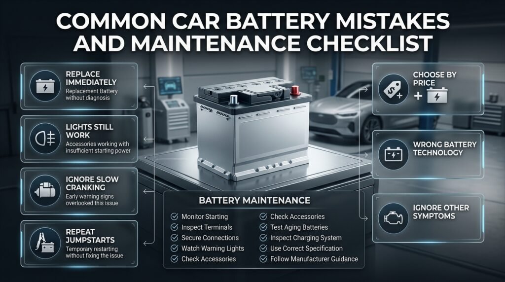 Common car battery mistakes and maintenance checklist covering jumpstarts, battery selection, warning signs, and routine checks