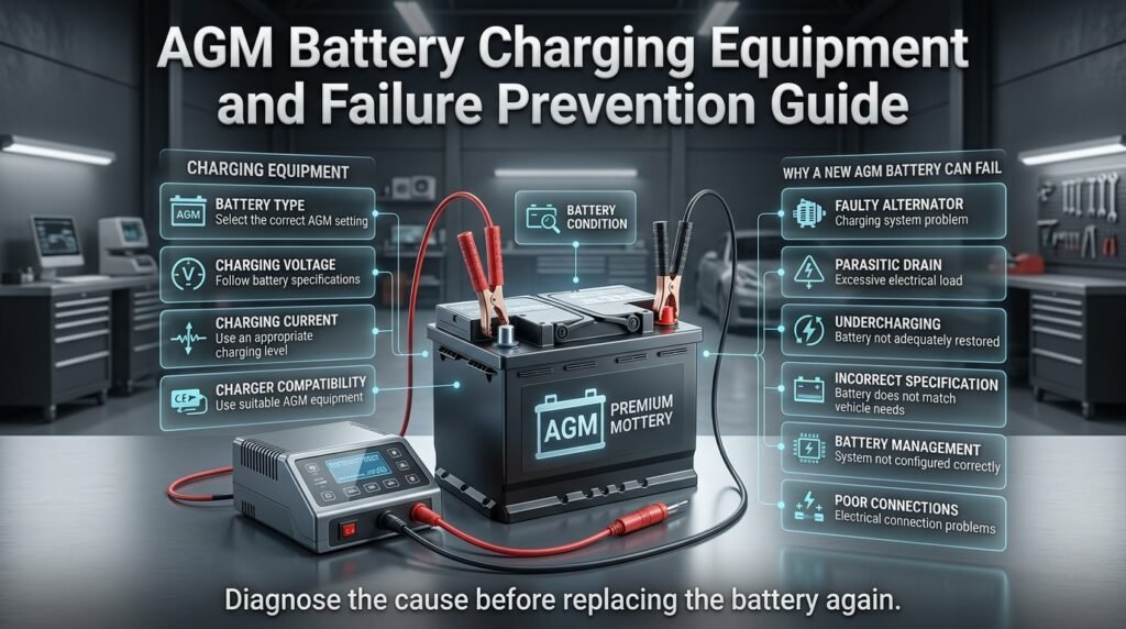 AGM battery charging equipment showing correct voltage, current, compatibility, and common causes of premature battery failure