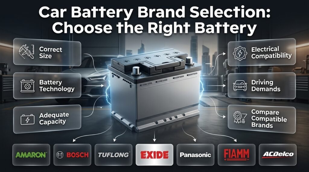Car battery brand selection guide showing compatible Amaron, Bosch, Tuflong, Exide, Panasonic, FIAMM and AC Delco options