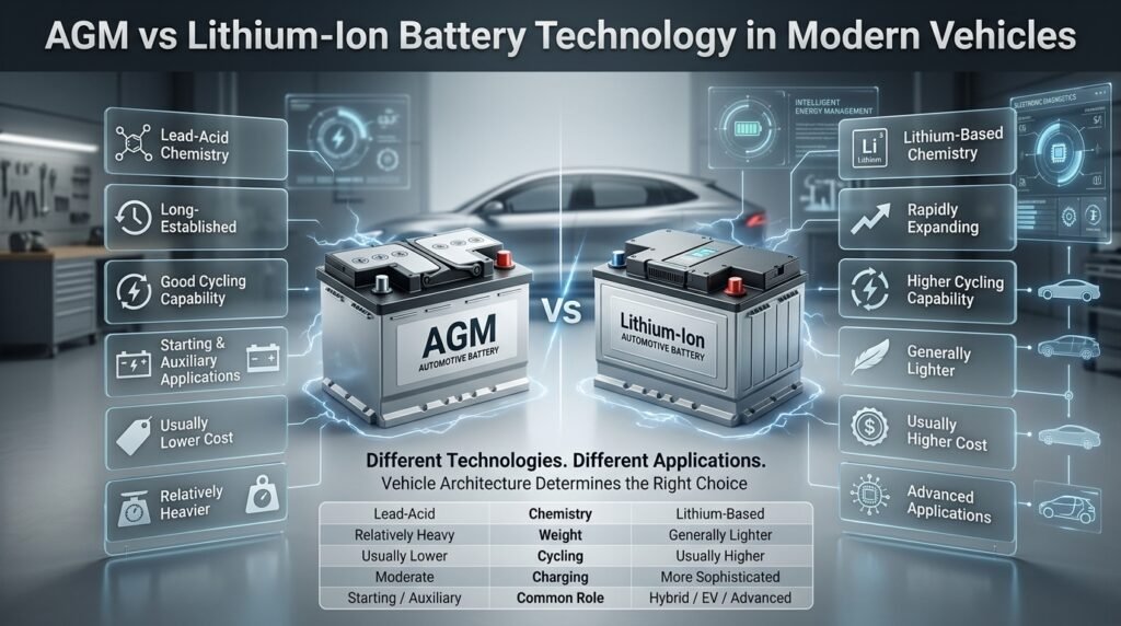 AGM vs lithium-ion battery infographic comparing weight, cost, cycling, charging, and automotive applications in modern vehicles