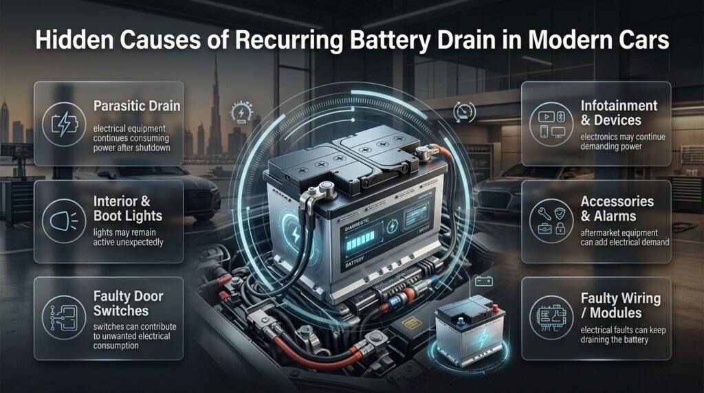 Modern car battery experiencing recurring drain from parasitic loads, faulty wiring, accessories, and charging system problems
