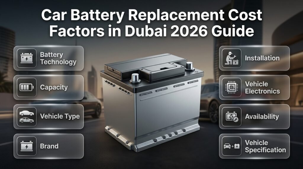 Car battery replacement cost factors including battery type, capacity, brand, installation, electronics, and availability in Dubai.