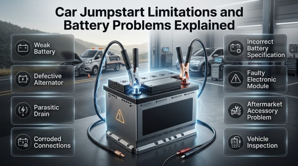 Car jumpstart infographic showing temporary starting support, weak batteries, alternator faults, electrical drains, and vehicle inspection