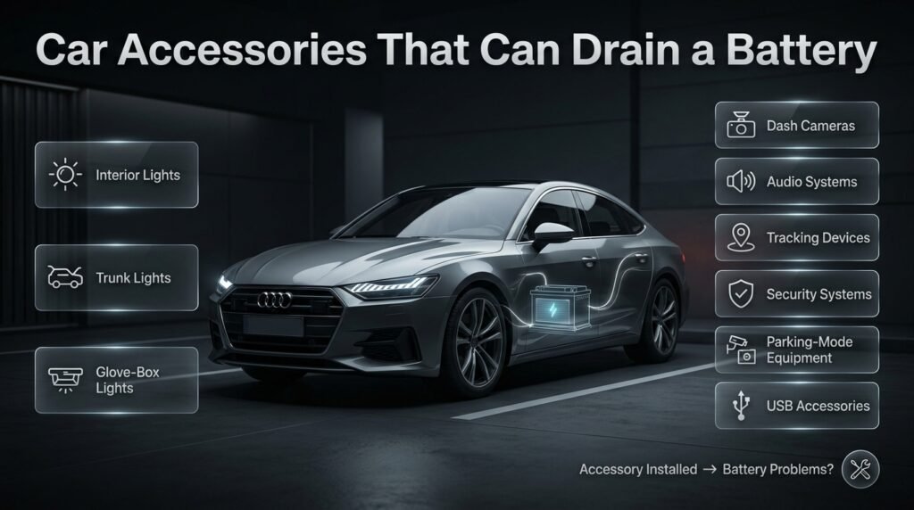 Car accessories that can drain a battery, including lights, dash cameras, tracking devices, USB accessories, and security systems.