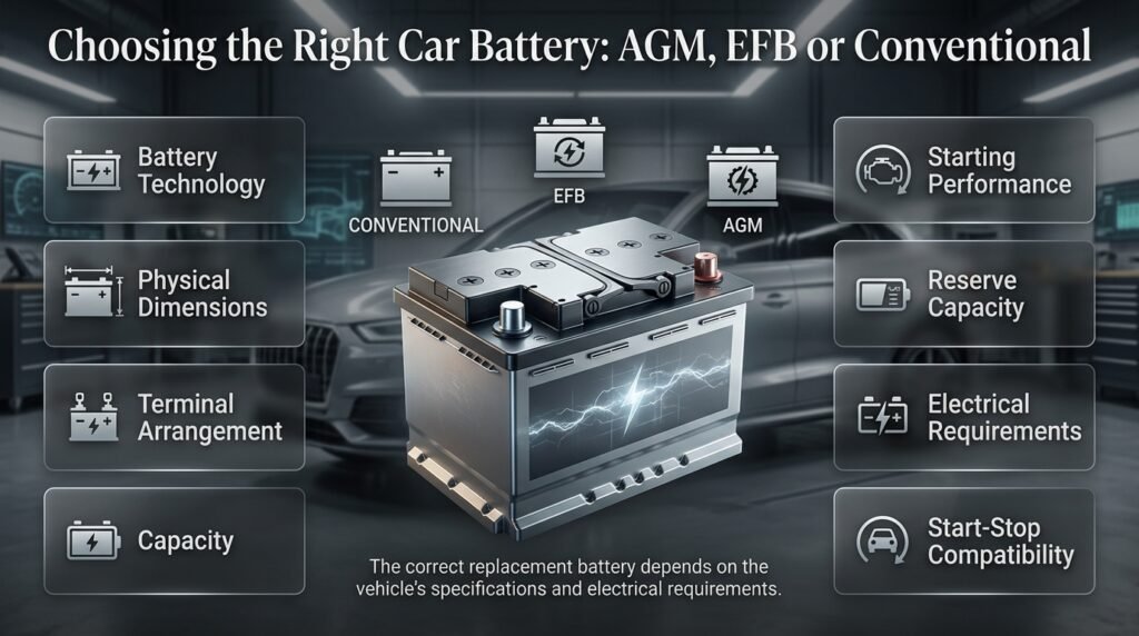 Choosing the right car battery based on technology, size, capacity, terminals, starting power, and vehicle electrical needs
