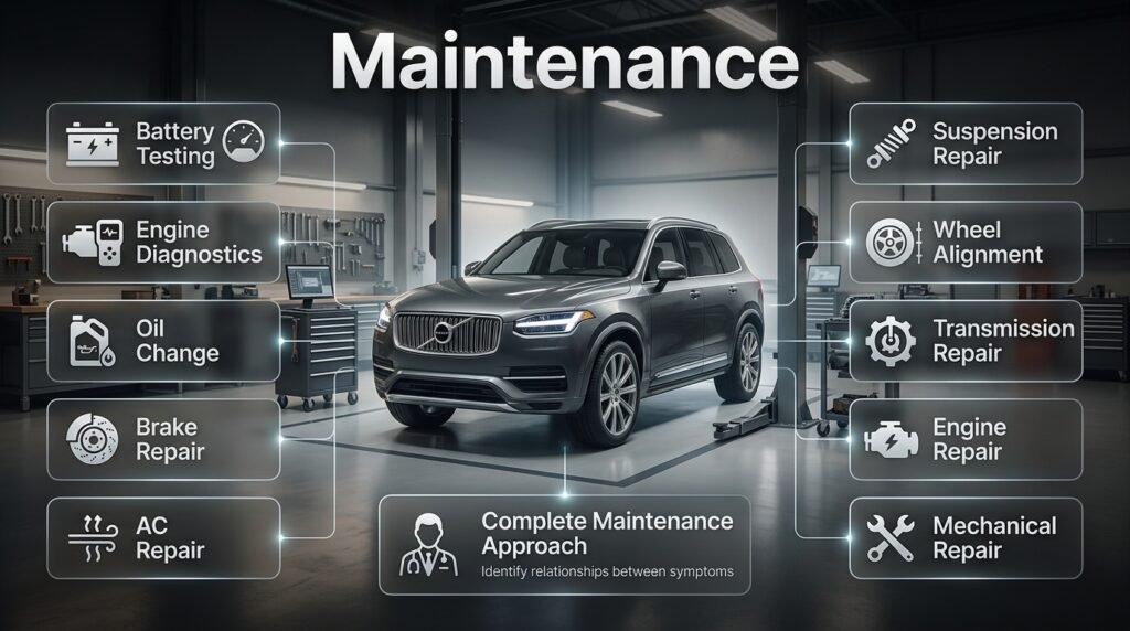 Complete vehicle maintenance with battery testing, engine diagnostics, brakes, AC, suspension, alignment, and repairs
