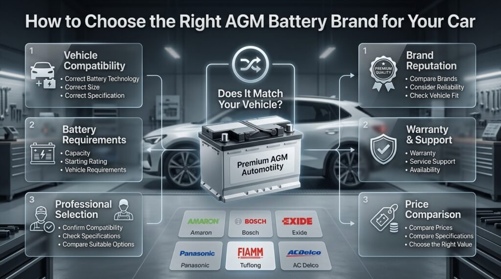 AGM battery selection infographic comparing vehicle compatibility, brands, warranty, price, and battery specifications for modern cars
