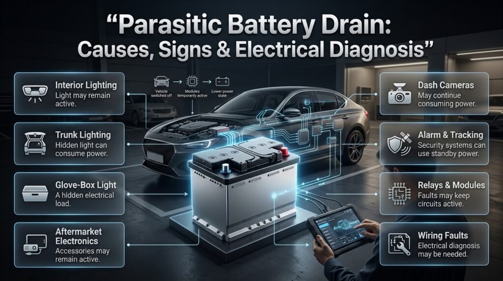Parasitic battery drain showing a parked car, active electrical circuits, interior lights, dash camera and control module faults.