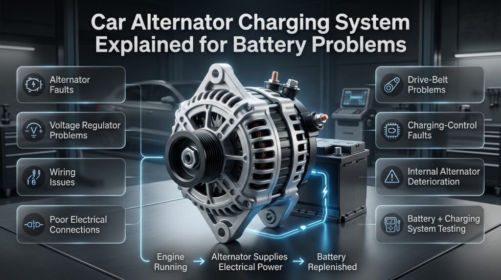 Car alternator charging system showing battery recharge, wiring, regulator faults, and professional diagnostic testing