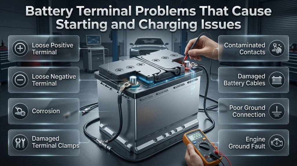 Car battery terminal problems including loose connections, corrosion, damaged clamps, cables and poor ground connections